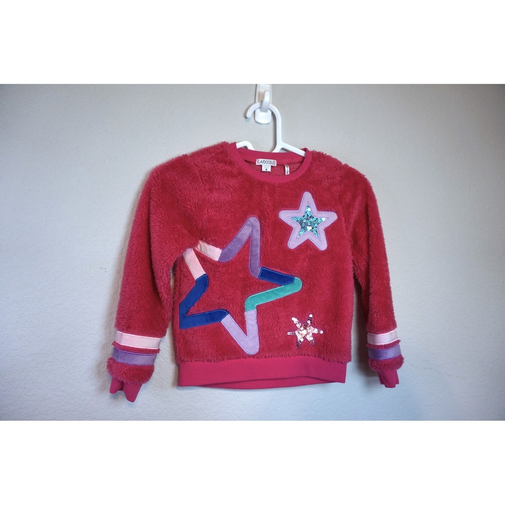 Flapdoodles Girls Pink Faux Fur Star Sequin Sweatshirt Size 6 Magenta Cozy Top